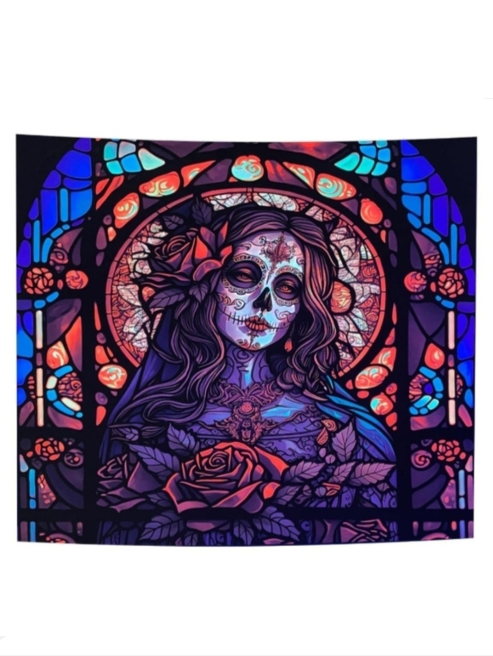 Black Light Sugar Skull Girl Stained Glass Window Tapestry with Roses Blacklight